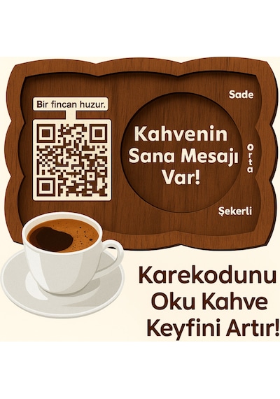 Kahvenin Sana Mesajı Var Kahve Sunumluğu, Kahve Altlığı, Karekod Fincan Altlığı, Qr Kod Fincan Ceviz