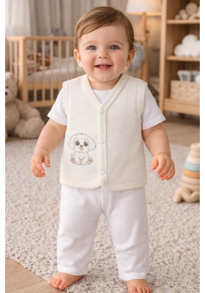 Baby Shez %100 Organik Pamuklu Yenidoğan Kız Erkek Bebek Yelek Mevsimlik 3-6 6-9 9-12 Ay Ekru