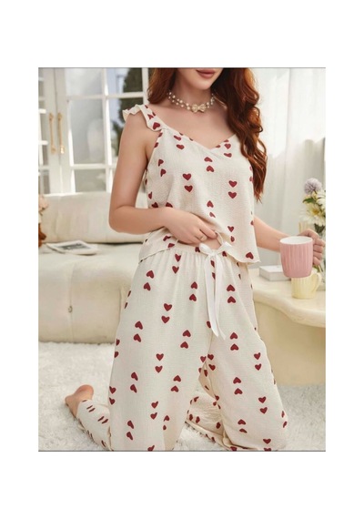 İkikareshop Kadın Ekru Kırmızı Kalp Desenli Yumuşak Pamuklu Uzun Pijama Takımı 5136 Çok Renkli İkikareshop Kadın Ekru Kırmızı Kalp Desenli Yumuşak Pamuklu Uzun Pijama Takımı 5136 Çok Renkli