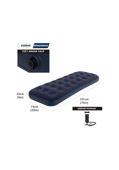 Terravita Tek Kişilik Şişme Yatak + Pompa 191 x 73 x 22 CM 100 KG Taşıma Kapasiteli 24040 Lacivert