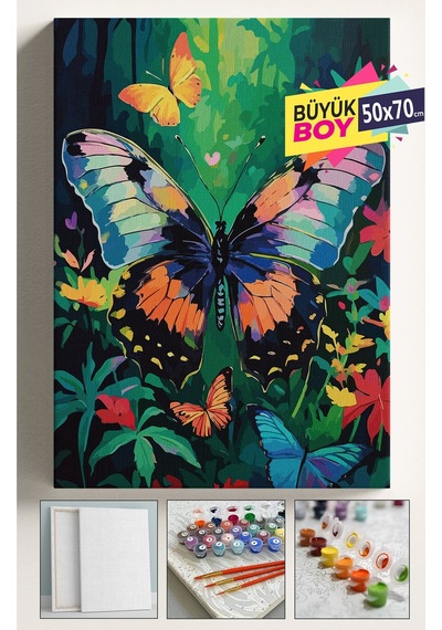 Sayılarla Boyama Seti Numaralı Tuval Fırça Boya Dahil Kasnaklı Set 50x70 Cm - Orman Kelebek