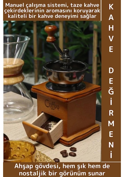 Premium Çok Şık Çelik Değirmenli Taze Aroma Koruyucu Nostaljik Görünüm Manuel Ahşap Kahve Değirmeni Çok Renkli