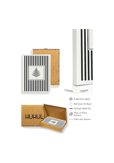 Beyaz Ahşap Çerçeveli Yaprak Desenli Tablo - Siyah-beyaz Çizgiler Huhu1342