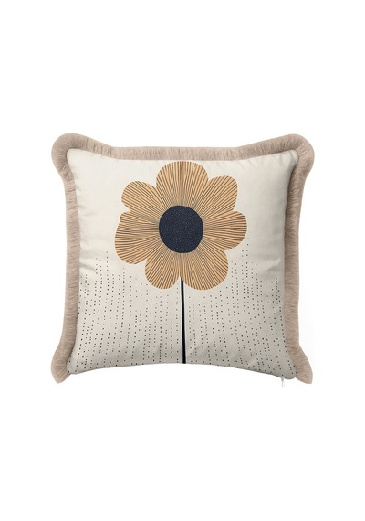 Çiçek Botanik Saçaklı Yastık Kılıfı - Minimal Floral Bohem Bej Siyah Vizon Püsküllü Kırlent Kılıfı Siyah