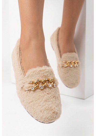 Nmoda Kadın Peluş Panduf Gold Zincir Taşlı Aksesuarlı Kapalı Loafer Yumuşak Tabanlı Kışlık Rahat Babet Krem