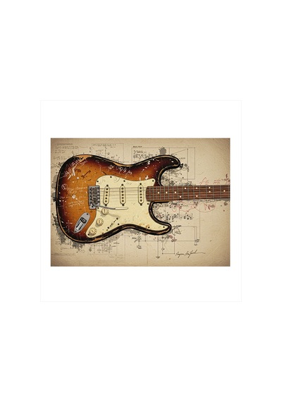 Klasik Elektro Gitar Çizimi Modern Ahşap Tablo