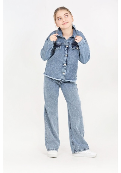 Modanino Kız Çocuk Jean Takım-taş Süslemeli Ceket+pantolon 12452 Açik Mavi