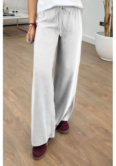 Feela Moda 2008 Bağcıklı Beli Lastikli Yıkamalı Modal Dokuma Palazzo Kadın Pantolon Ekru