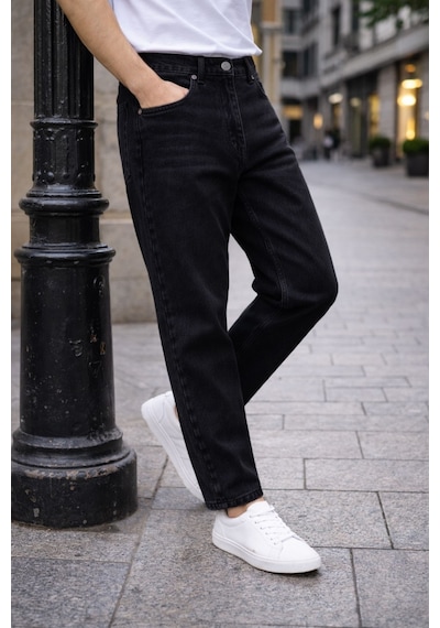 Cedy Denim Dar Paça Erkek Yüksek Bel Kot Pantolon - Salaş Mom Jean C333 Siyah