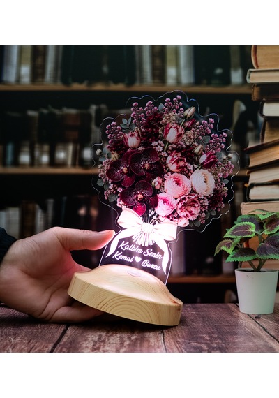 Bordo Orkide Çiçek Buketi Led Lamba - Pudra Buket Kişiye Özel Işıklı Eşe Sevgiliye Yıldönümü Hediyesi Çiçek Lambası Bordo Orkide Buketi