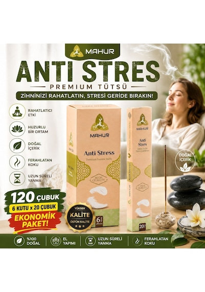 Mahur Anti Stres Premium Çubuk Tütsü 120 Adet 6 Kutu X 20 Çubuk, Hoş Kokulu Ev Ve Ortam Tütsüsü, Meditasyon, Yoga Ve G