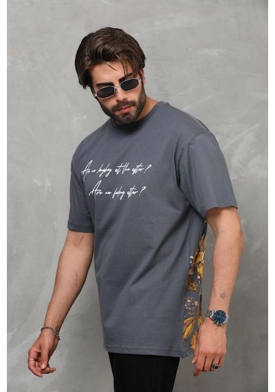 Erkek Kısa Kol Yazlık Tişört Bisiklet Yaka Baskılı Oversize T-shirt - Füme