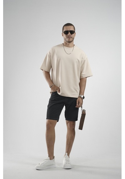 King Brich Oversize Kalıp Basic %100 Pamuklu Erkek Tişört Bej