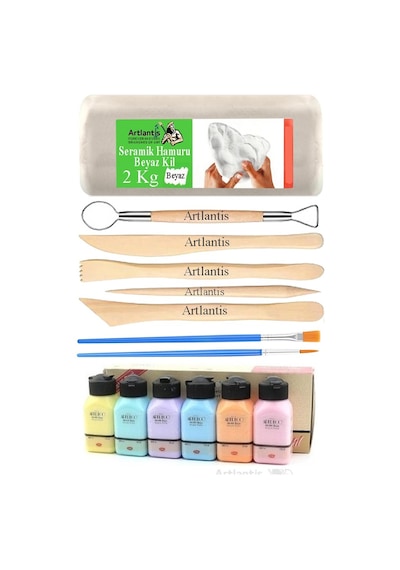 Beyaz Seramik Hamuru 2 Kg Ebeşuar Modelleme Artdeco Pastel 6 Renk Akrilik Boya Fırça 75 Ml Seramik Çamuru Heykel