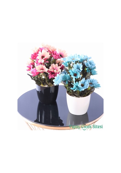 Yapay Çiçek Sitesi Plastik Saksıda Yapay Katmerli Papatya Tanzimi 2'li Set 25 Cm Somon - pembe