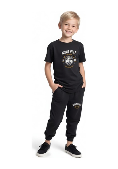 Fyk Kids Erkek Çocuk Mevsimlik Nıght Wolf Baskılı Alt-üst Takım Siyah