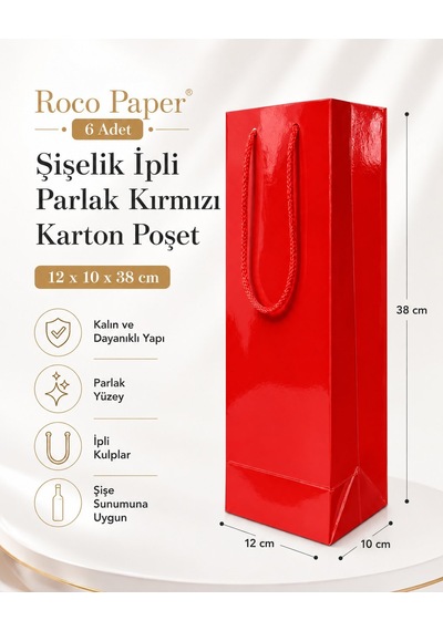 Şişelik İpli Kırmızı Karton Poşet, 6 Adet-12x10x38 Cm, Kalın Yapı