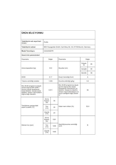 Profilo CGA25400TR 1400 Devir 10 KG Çamaşır Makinesi