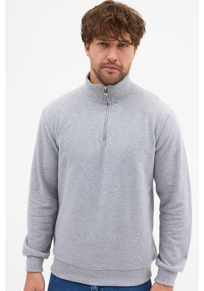 Mmetalic Erkek Gri Standart Fit Normal Kesim Pamuklu Yarım Fermuarlı Dik Yaka Pamuklu Sweatshirt Gri