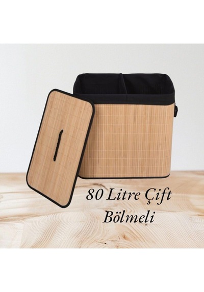 Yeni Nesil Bambu Çift Bölmeli Kirli Çamaşır Sepeti 80 Litre Çok Renkli