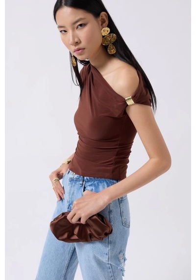 Femina Trendy Aksesuar Detay Cutout Bluz Kahverengi