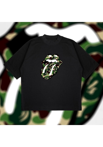 Tarzsokak A Bathing Ape X Rolling Stones Green Boxy Fit Oversize Unisex Tshirt Baskılı Tiş Siyah