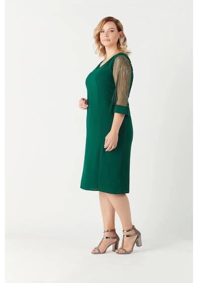 Moda Berray 1349 Yeşil Kolları Taş Işlemeli Şık Büyük Beden Kısa Abiye Yeşil