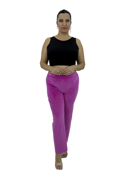 Büyük Beden Kadife Likralı Beli Lastikli Boru Paça Kadın Tayt Pembe