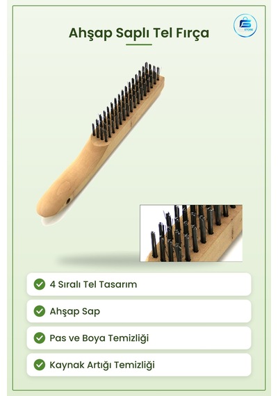 Tel Fırça Ahşap Saplı 4 Sıralı Çelik Kıllı Pas Kaynak Artığı Boya