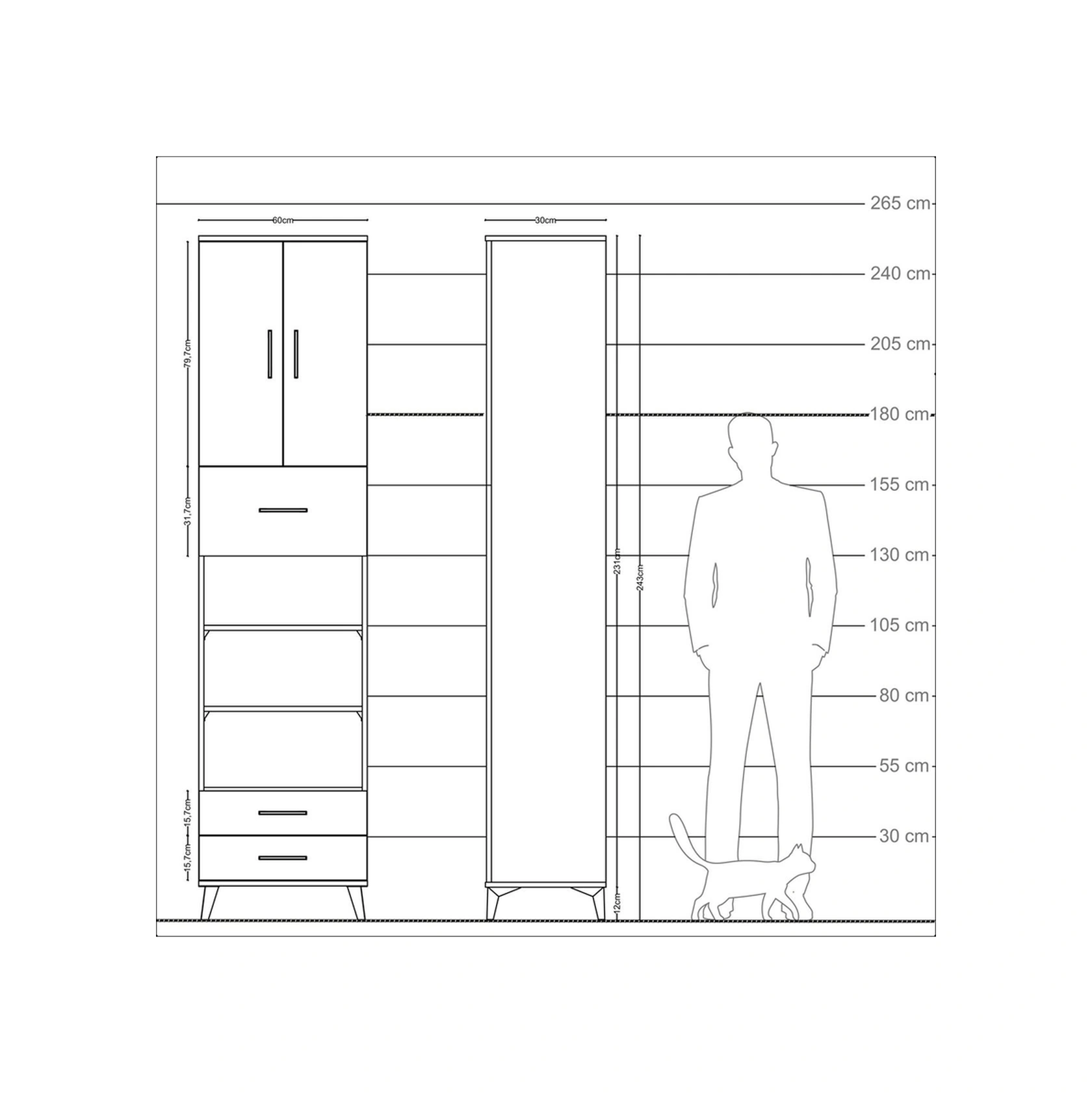Arges Dolap 5 Raflı 3 Çekmeceli 2 Kapaklı 60x30x243 Çam-çam Çam