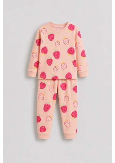 Zuzunga Kız Çocuk Strawberry - Çilek Desenli Uzun Kollu Pijama Takımı Pembe