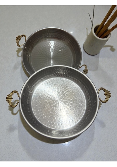 2 Li Krom Sahan Tavası Seti Gold Kulplu Dayanıklı Ve Şık Tasarım 21 Cm Gümüş