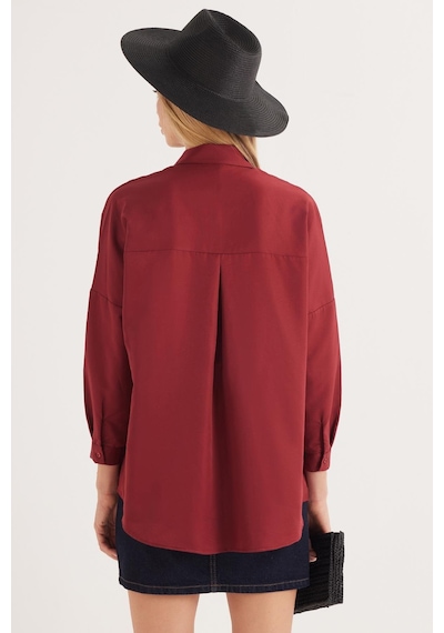 Tudors Kadın Oversize Rahat Kesim Spor Yaka Uzun Kollu Basic Düz Bordo Gömlek-36830 Bordo