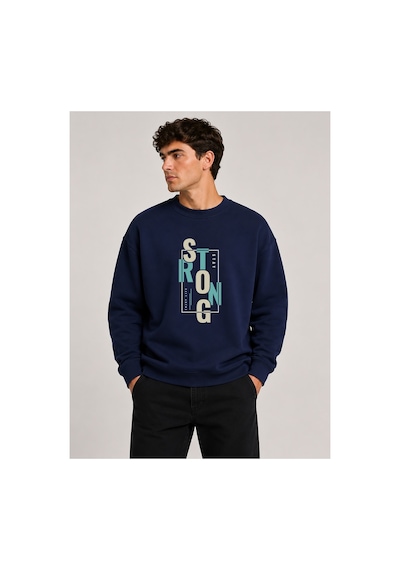 Herkesemoda Strong Baskı Detaylı Bisiklet Yaka Şardonlu 2 İplik Sweatshirt Lacivert