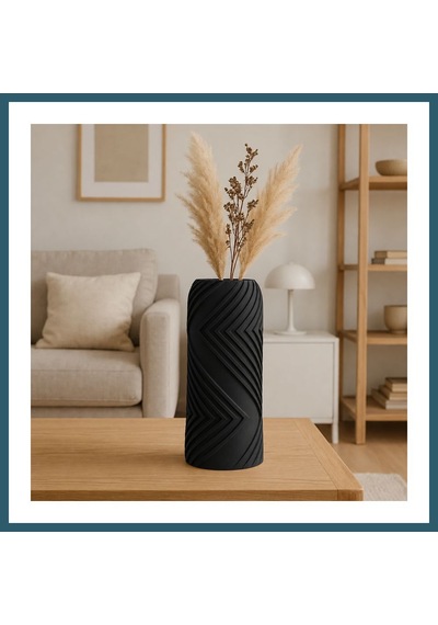 Bezos 3d Baskı Vector Vazo - Geometrik Çizgili Dekoratif Vazo-siyah Ob