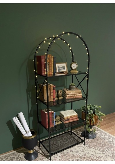 Noble Metal Kitaplık Dekoratif Kemerli 4 Raflı Salon Ve Ofis Rafı 70x180 Cm Siyah
