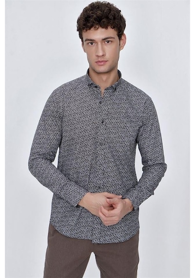 İmza Koyu Kahverengi Uzun Kol Baskılı Bez Ayağı Gömlek Yaka Klasik Slim Fit Dar Kesim Pamuklu Gömlek 1004225223-koyu Kahverengi Koyu Kahverengi