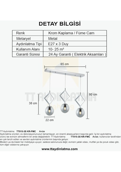Tt015-3S Kr Tt Aydınlatma Krom Kaplama Füme Camlı 3 Lü Sıralı Avi
