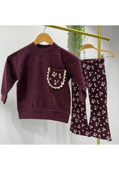 Magu Kız Çocuk Çiçek Desenli Bordo Sweatshirt Ve İspanyol Paça Tayt Takımı