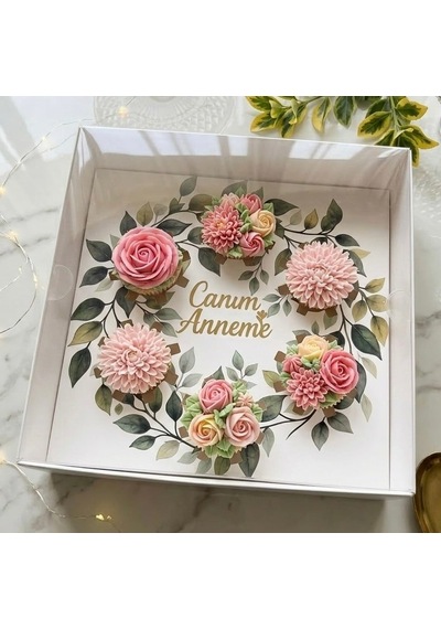 Anneler Gününe Özel Yaprak Desenli 6 Lı Cupcake Kutusu Ve Canım Anneme Pleksi Set
