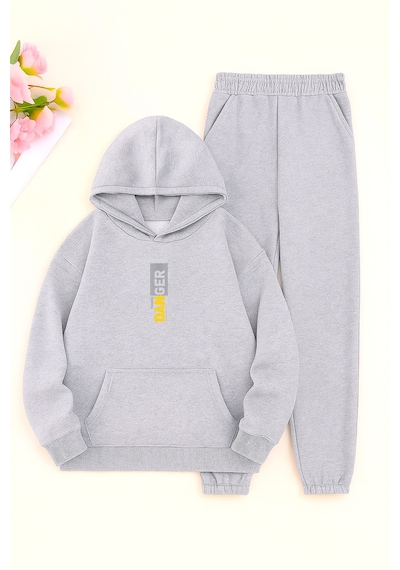 Unisex Gri Danger Baskılı Eşofman Kapüşon- Kışlık Şardonlu Kumaş Gri