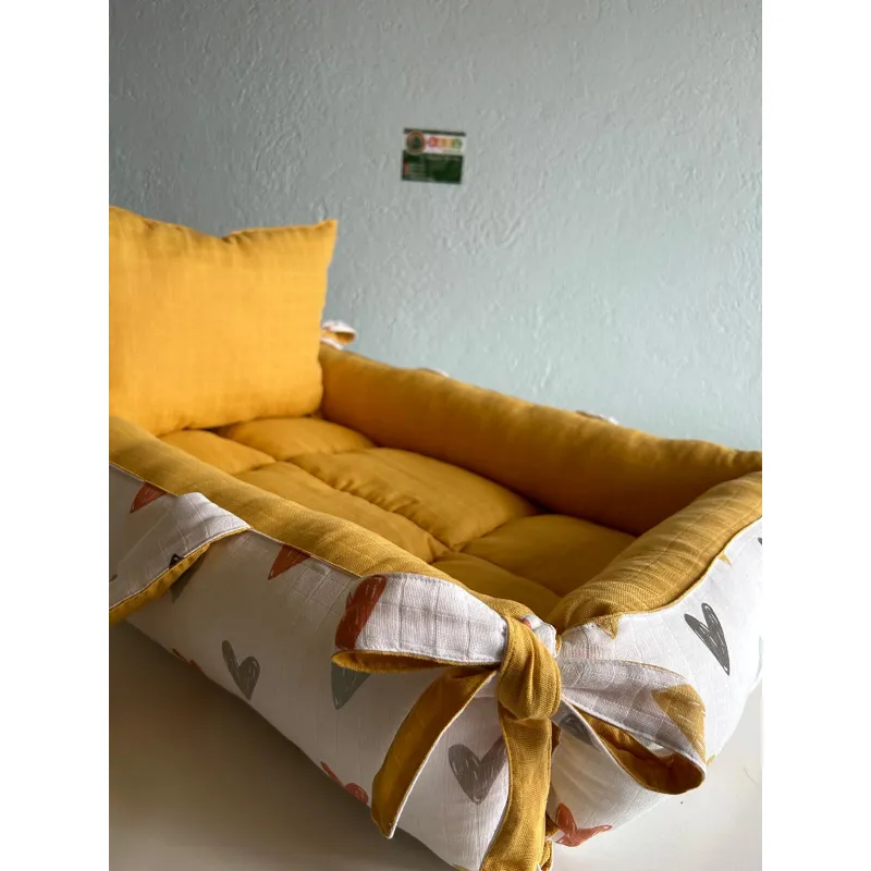 %100 Pamuk Çok Amaçlı Çift Katlı Çift Kullanımlı Müslin Anne Yanı Yatağı Kalp 40 x 90 x 10 CM