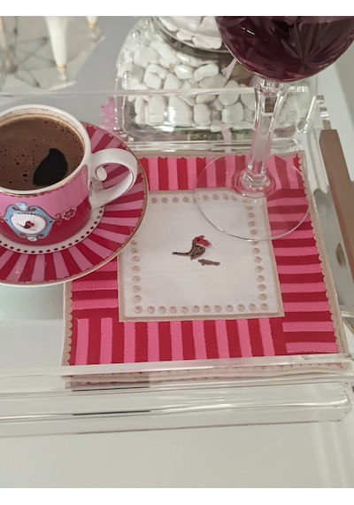 3 Adet Farklı Renklerde Kare Pip Studio Uyumlu Nakışlı Love Bird Detaylı Kokteyl Sunum Peçetesi Çok Renkli