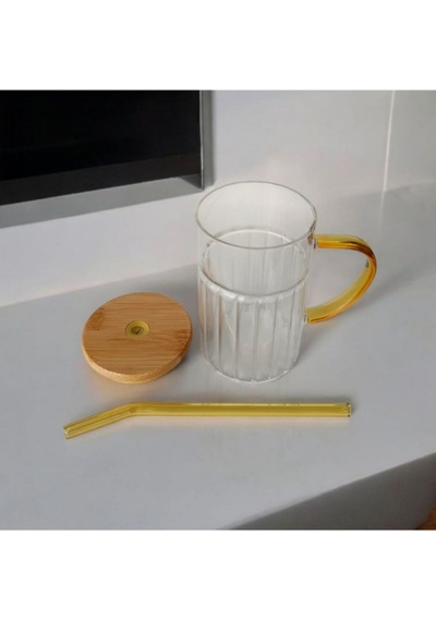 Bambu Kapaklı Cam Pipetli Kupa 420 Ml Sarı