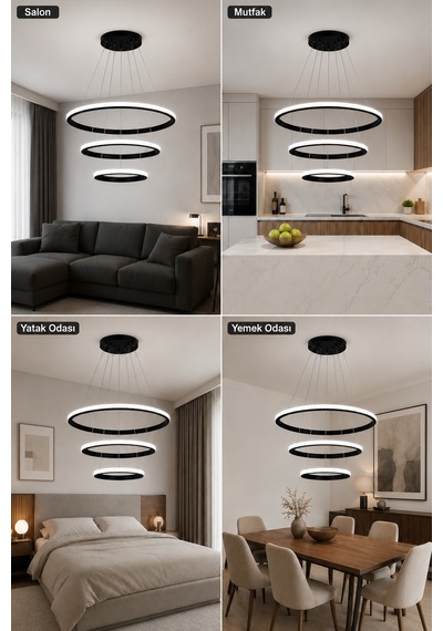 Rizon 3 Lü Led Sarkıt Avize 3 Renk Kumandalı Siyah