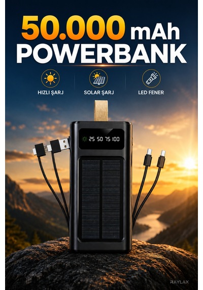 Solar 50.000 Mah Güneş Enerjili Led Işıklı Powerbank Şarj Aleti 2x Usb Çıkışlı Mikro Type-c Siyah