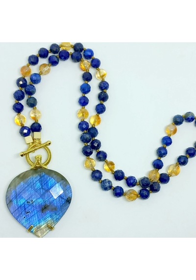 Sibelce 2168 Labradorit Lapis Lazuli Sitrin El Yapımı Düğümlü Kolye Çok REnkli