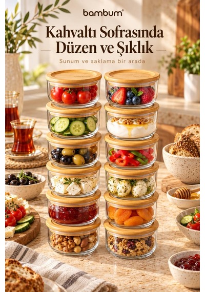 Bambum 12'li Bambu Kapaklı Cam Kahvaltılık Seti 300 Ml - Vakumlu Saklama Kabı Ve Kahvaltılık Seti