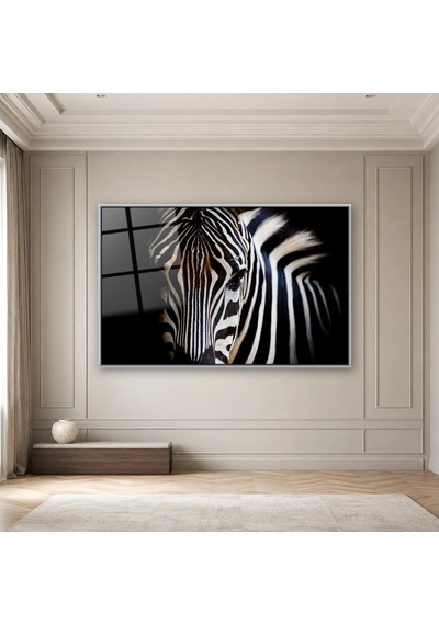 Karanlıkta Zebra Yakın Plan Gümüş Çerçeveli Cam Tablo