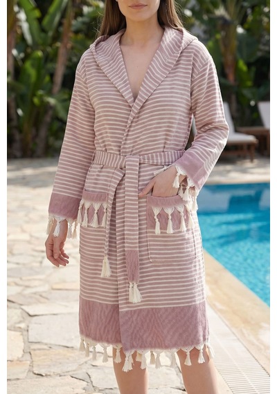 Kapşonlu Unisex Peştemal Plaj Bornozu %100 Pamuklu Seaside Stripe Bordo